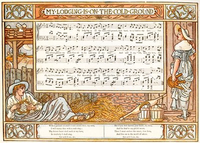 'My Lodging is on the Cold Ground', sangillustrasjon fra 'Pan-Pipes', A Book rf Old Songs, Nyarrangert og med akkompagnement av Theo. Marzials, utgitt i London av George Routledge und Sons, 1 av Walter Crane
